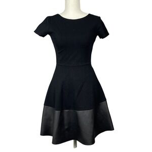 Rosie Harlow Womens S Black Faux Leather Trim Flare‎ Skater Mini Dress Retro